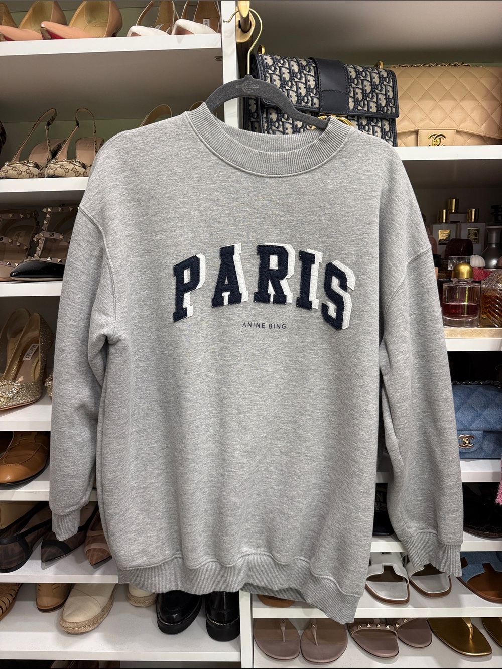 Anine Bing Gray Crewneck Sweatshirt with Navy 'PARIS' Appliqué